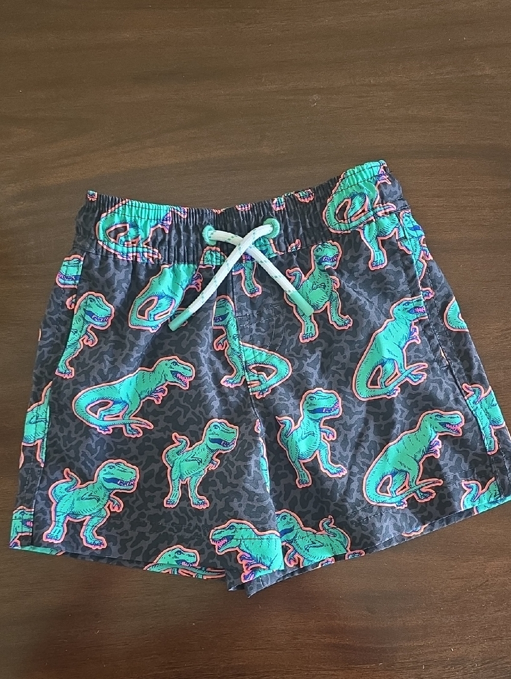 Resort Style Kids Neon Green Dino Swim Shorts with Drawstring